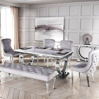 Luxurious Arriana Dining Table with Glass or Marble Top & Polished Stainless Steel Base - UK Luxury Furniture